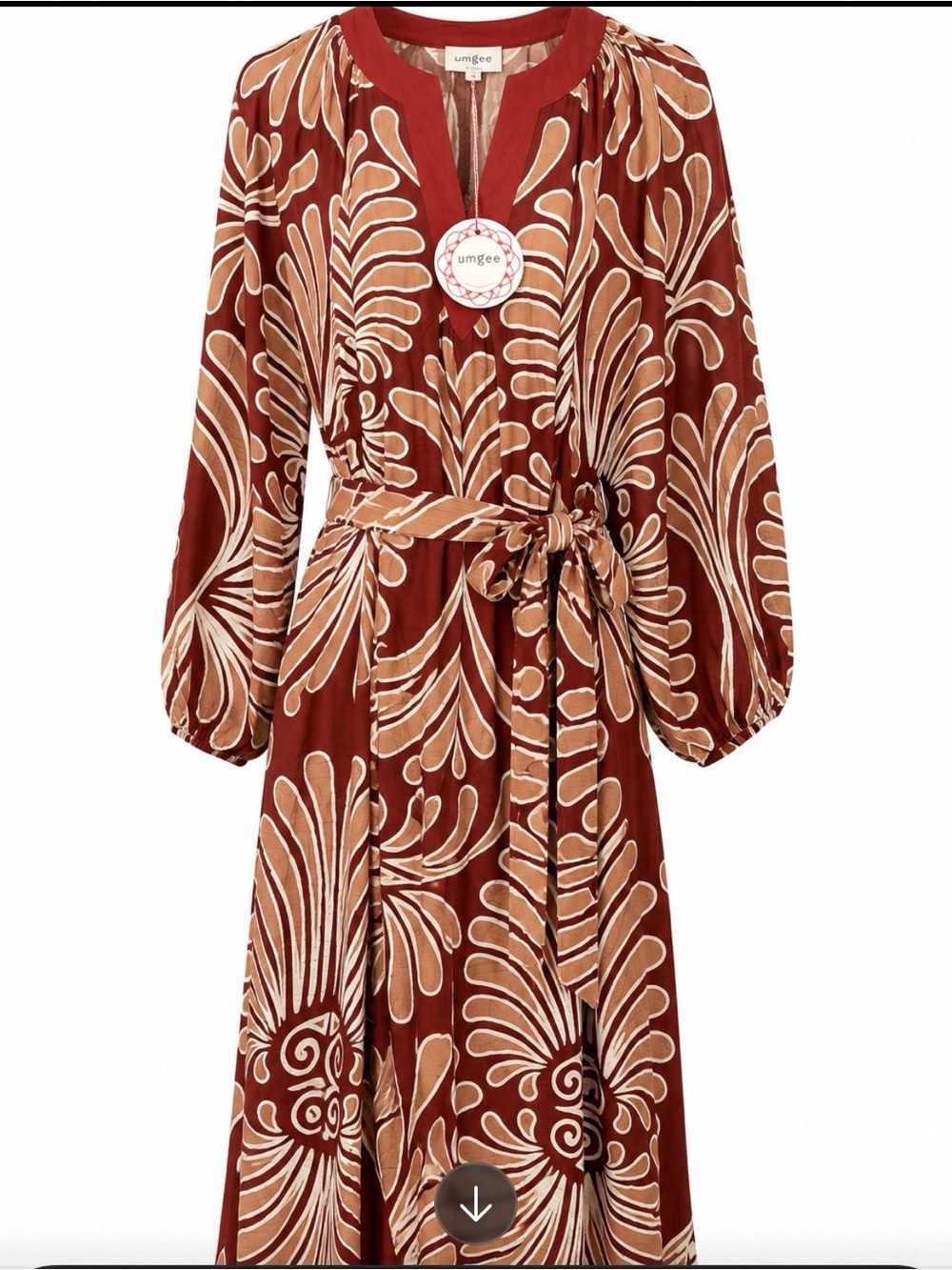 Umgee Rust and Cream Floral-Print Midi Dress with Tie Waist